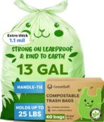 13 Gallon Compostable Trash Bags (40 Count) — Leakproof Plant-based Thick (1.1 Mil) Tall Kitchen Garbage Bags — ASTM D6400 BPI Certified — Heavy-Duty Large Food Scrap Liner Bag with Handle-Tie - Image 2