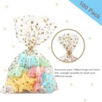 100 Pcs Star Printed 5"X 7" Gift Wrap Cello Cellophane Treat Bags Party Favor bags Clear Candy Cookie Bag Plastic Poly Goodie Storage Bag with Twist Ties for Bakery,Birthday, Wedding ,Party Decorations (Gold) - Image 4