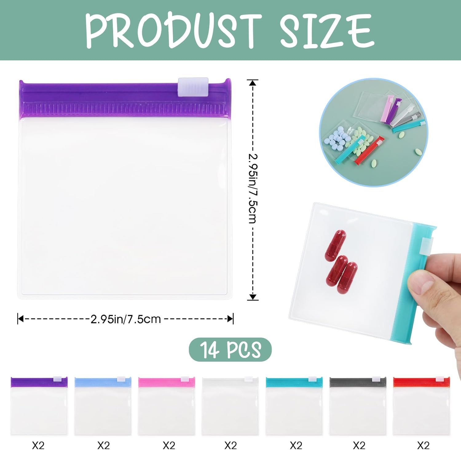 Reusable Zippered Pill Pouch with Slide Lock - 14 Piece Set in 7 Colors - Travel Pill Case for Medicine, Qtips & Small Items - Compact Pill Bags for Trave - Image 3