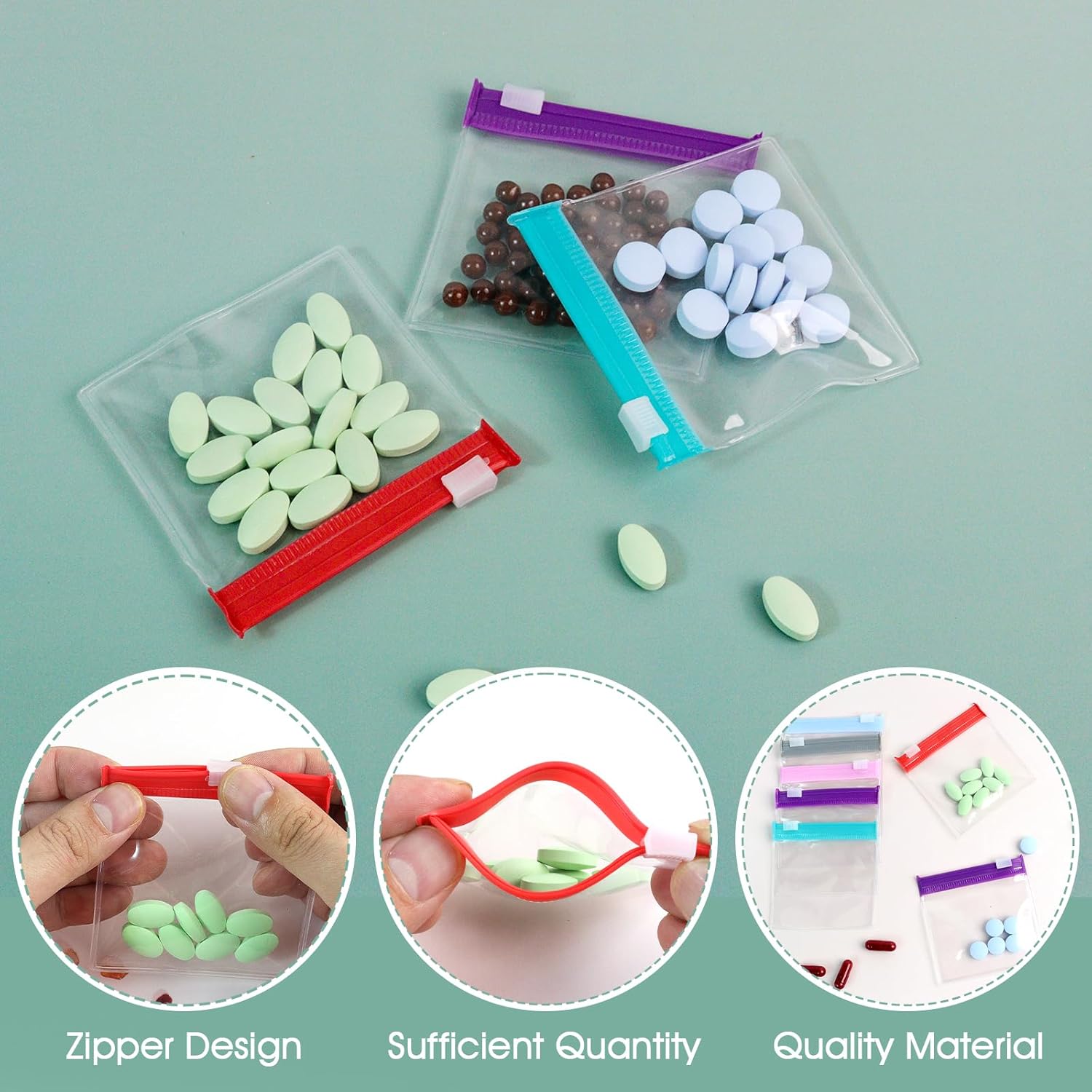 Reusable Zippered Pill Pouch with Slide Lock - 14 Piece Set in 7 Colors - Travel Pill Case for Medicine, Qtips & Small Items - Compact Pill Bags for Trave - Image 4