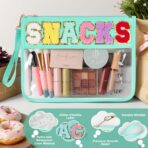 Snack Bag for Travel - Clear Chenille Varsity Letter Flat Pouch with Zipper, 12.2×8.46 inch Waterproof Clear Nylon Preppy Patch Makeup Cosmetic tote Bags for Women Girls - Image 4
