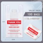 White Thank You Plastic Bags, 100 Pack Reusable & Disposable Grocery Shopping Bags with Handles-11.5"x6.5"x21" T-Shirt Bag, Eco-Friendly for Small Business & Supermarket Use - Image 3