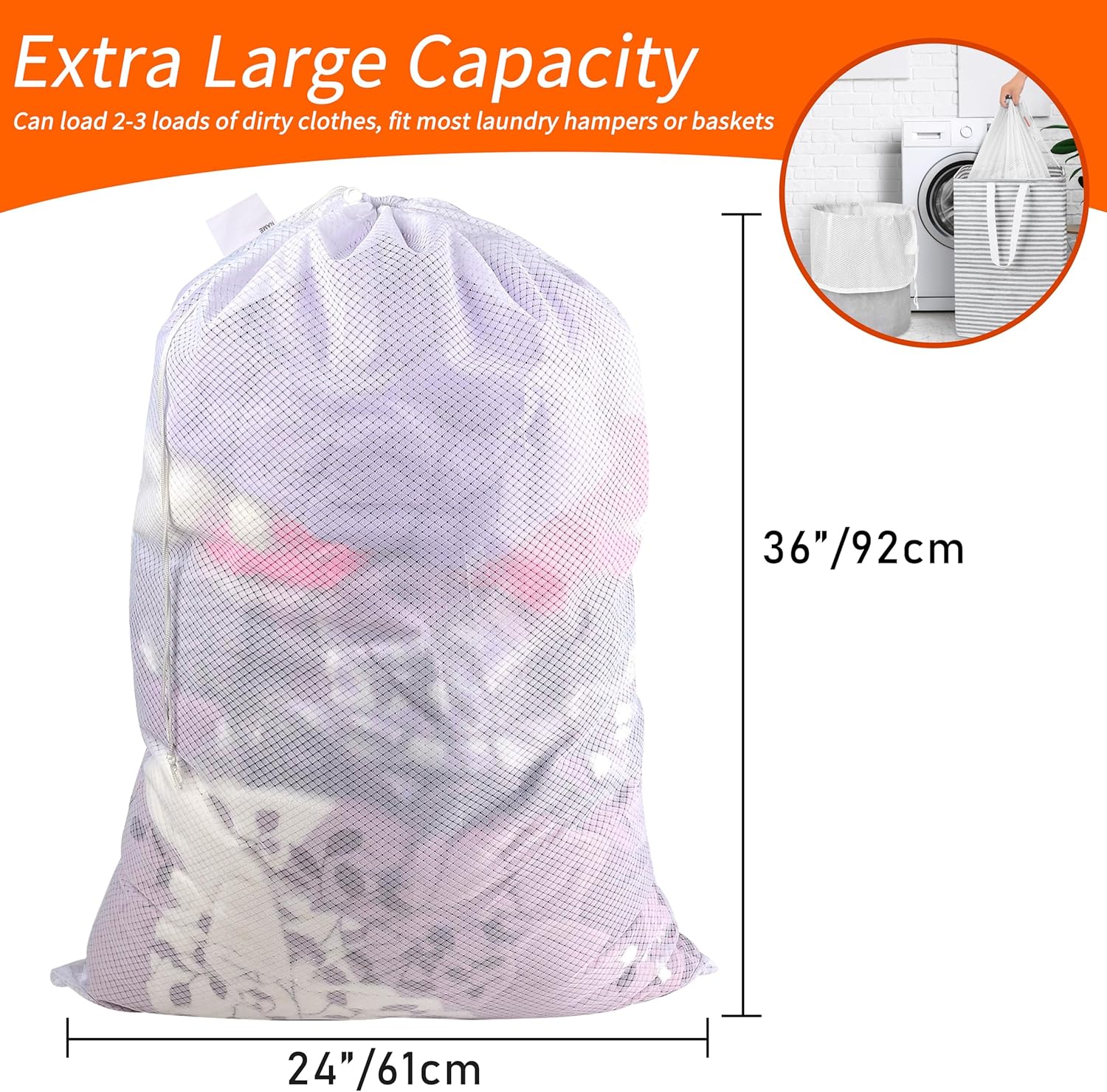 Polecasa Extra Heavy Duty Large Diamond Mesh Laundry Bags with Drawstring Closure & ID Tag, 24 x 36 inches Washable Storage Bag for College, Travel, Sports, Dorms, White - Image 4
