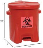 Eagle 6 Gallon Biohazard Trash Can with Foot-Operated Self-Closing Lid, 16.5" x 13.5" x 16", Made in The USA from High-Density Polyethylene, Red, 943BIO - Image 4