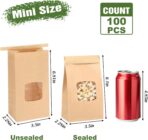 Moretoes 100pcs Small Bakery Cookie Bags with Window, Brown Kraft Paper Bags for Homemade Bread Cookie, 3.5x2.2x6.7in Tin Tie Tab - Image 3