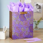 Hallmark 13" Large Gift Bag with Tissue Paper (Purple Flowers, Gold Accents) for Birthdays, Mother's Day, Bridal Showers, Weddings, Retirements, Anniversaries, Engagements, Any Occasion - Image 3