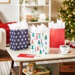 Hallmark 9" Christmas Gift Bags (6 Medium Bags, 3 Designs: Red Polka Dot, Colorful Trees, Navy Snowflake) for Holiday Partes, Winter Weddings, Birthdays - Image 3