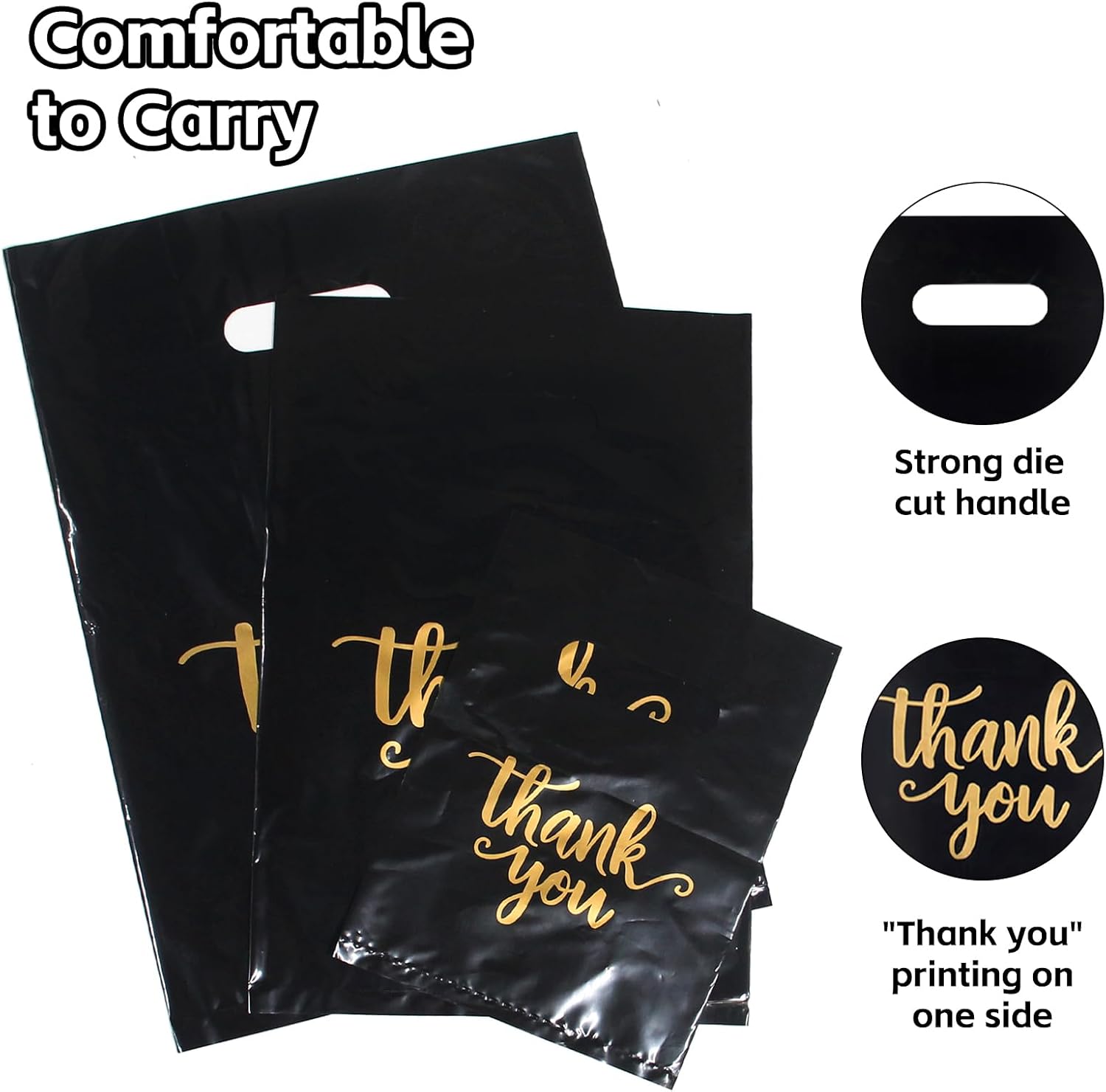 Heran 200PCS Thank You Bags with Handle Black Sale Bag for Small Business Clothes Boutique Gift, 3 Sizes Plastic Retail Grocery Shopping Bags, Reusable Goodie Bag Bulk for Store Party Favor Purchase - Image 6