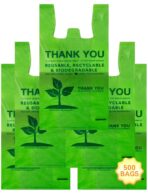 500 Count Recyclable Compostable 100% Biodegradable T-Shirt Bags, Eco-Friendly Grocery Shopping Bags, 11.5" x 6.25" x 21", 16 Mic - Image 2