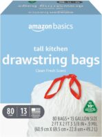 Amazon Basics 13 Gallon Tall Kitchen Drawstring Trash Bags, Clean Fresh Scent, 10% Post Consumer Recycled Material, 80 Count - Image 2