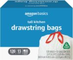 Amazon Basics 13 Gallon Tall Kitchen Drawstring Trash Bags, Unscented, 10% Post Consumer Recycled, 120 Count, White - Image 2