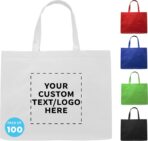 DISCOUNT PROMOS Custom Jumbo Sized Tote Bags Set of 100, Personalized Bulk Pack - Reusable Grocery Bags, Shopping Bags, Promotional Item Totes for Women - White - Image 2