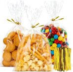Gewutho 100 Pack Cellophane Bags, 6×10-Inch Clear Cellophane Gift Bags with 100 Gold Twist Ties Included, Plastic Packaging Bags Ideal for Wrapping Cookies, Candies, Party Favors, and Popcorn - Image 2