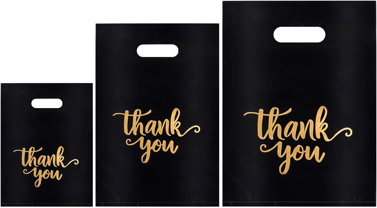 Heran 200PCS Thank You Bags with Handle Black Sale Bag for Small Business Clothes Boutique Gift, 3 Sizes Plastic Retail Grocery Shopping Bags, Reusable Goodie Bag Bulk for Store Party Favor Purchase - Image 2