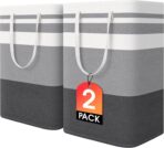 HomeHacks 2 Pack Large Laundry Baskets, Waterproof, Freestanding Laundry Hampers, Collapsible Clothes Hamper with Reinforced Handles in Laundry Room, College Dorm, Bathroom, Bedroom (Grey, 75Lx2) - Image 2