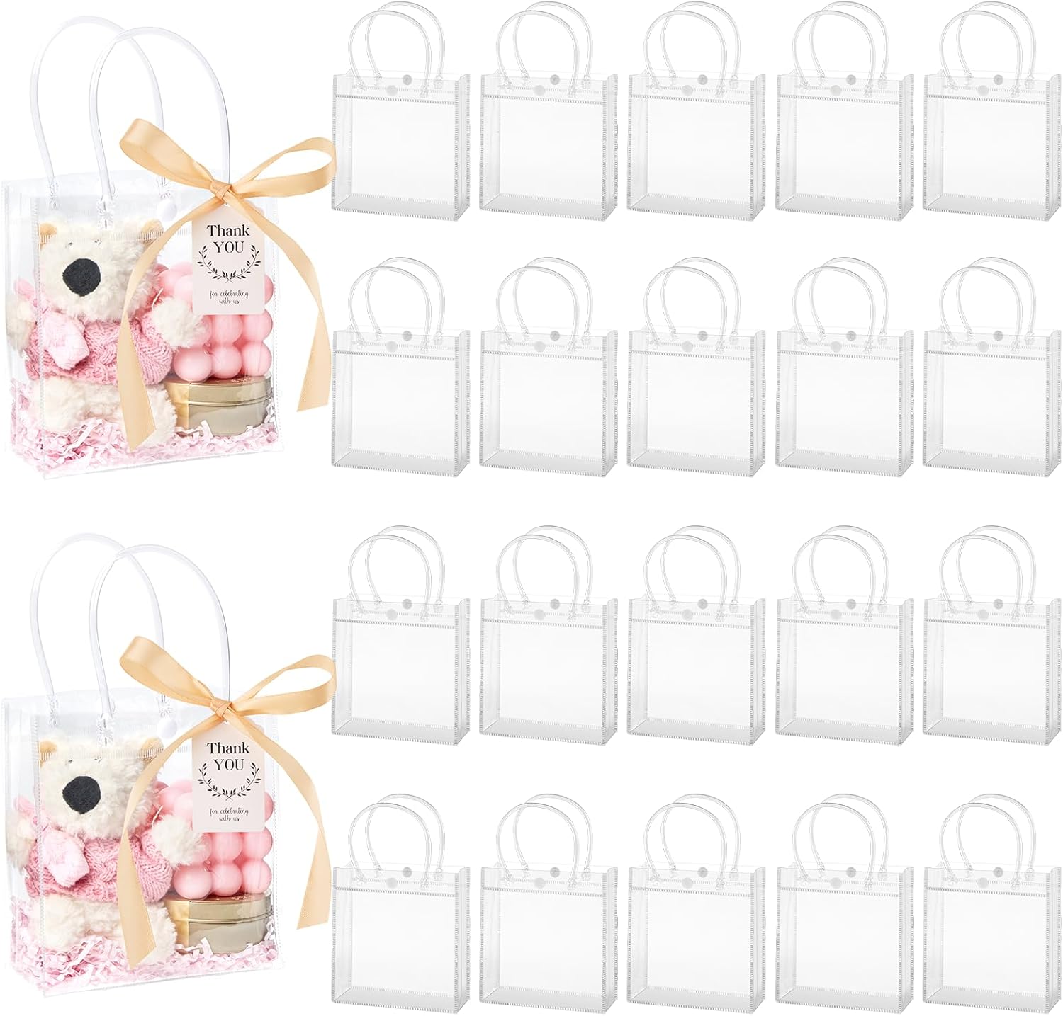 Mauproy 30 Pack Clear Gift Bags with Handles, Party Favor Bags with Ribbons and Tags, Reusable Goodie Tote Bags for Mother's Day Wedding Baby Shower (5.9” x 6.3” x 2.8") - Image 2
