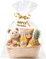 NUITPY 40 Pcs Cellophane Bags, 16 x 24 Inchs Cellophane Wrap for Gift Baskets, Durable Cellophane Gift Bag, Clear Basket Bag - Complimentary 40 Pcs Golden Twist Ties - Image 2