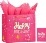 Powbrace 13" Pink Happy Birthday Gift Bag with Tissue Paper and Greeting Card for Party,Happy Birthday Gift Bag for Men Women,Gift Bags Medium size(1 PCS Pink Hot Stamping) - Image 2