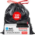 Reli. 39 Gallon Trash Bags Drawstring (100 Count) Large 39 Gallon Heavy Duty Drawstring Trash Bags, Garbage 39Gal Capacity, Lawn Leaf (39Gal, Black) - Image 2