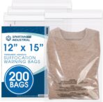 Spartan Industrial - 12” X 15” (200 Count) Self Seal Clear Poly Bags with Suffocation Warning for Packaging, T-Shirts & Clothing - Permanent Adhesive - Image 2