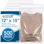 Spartan Industrial - 12" X 15" (500 Count) Self Seal Clear Poly Bags with Suffocation Warning for Packaging, Clothes - Permanent Adhesive - Image 2