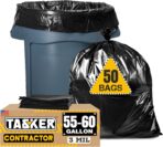 Tasker Contractor Garbage Bags 55 Gallon, 3 Mil Black Contractor Garbage Bag (50 Bags w/Ties) Large 55 Gallon Trash Bags Heavy Duty Liners, Extra Large Trash Liners for Construction, Industrial Bag - Image 2