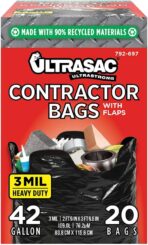 Ultrasac Contractor Bags 42 Gallon (20 PACK/w FLAP TIES), 32.75 x 44.5-3 MIL Thick Large Black Heavy Duty Industrial Garbage Trashbags for Professional Construction and Commercial use - Image 2