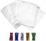 XLSFPY 100PCS Cellophane Bags Clear Plastic Cello Bags 4x6 with 4" Twist Ties 5 Mix Colors - 1.4 mils Thick OPP Treat Bags for Gift Wrapping Packaging Decorations Storage (4'' x 6'') - Image 2