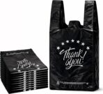 YoYoRain Black Thank you T shirt bag, Grocery shopping bag Reusable and Disposable Supermarket Bag 11''x6''x21'' 100PCS - Image 2