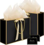 woric Black Gift Bags with Handles, 14" Medium Valentines Gift Bag with Tissue Paper, 2 Pcs Bags with 4 Tissue Paper and 2 Cards for Valentines Day Boys Men Birthday Baby Shower Party - Image 2