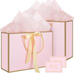 woric Pink Gift Bags with Handles, 14" Medium Valentines Gift Bags with Tissue Paper, 2 Pcs Pink Bags with 4 Tissue Paper and 2 Cards for Valentines Day Baby Shower Birthday Party Wedding - Image 2