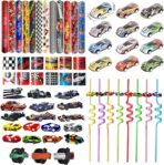 108PCS Race Car Party Favors - Themed Birthday Goodie Bags with Party Straws, Bubble Slap Bracelets, DIY Car Stickers, Pencil Caps - Image 2