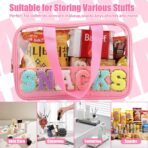 Chenille Letter Patch Clear Travel Bags, Preppy PVC&Nylon Makeup Bag with Handle and Zipper, Waterproof Large Clear Travel Toiletry Bag Storage Bag for Women Girls - Image 5