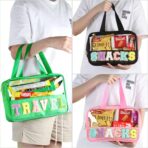 Chenille Letter Patch Clear Travel Bags, Preppy PVC&Nylon Makeup Bag with Handle and Zipper, Waterproof Large Clear Travel Toiletry Bag Storage Bag for Women Girls - Image 7