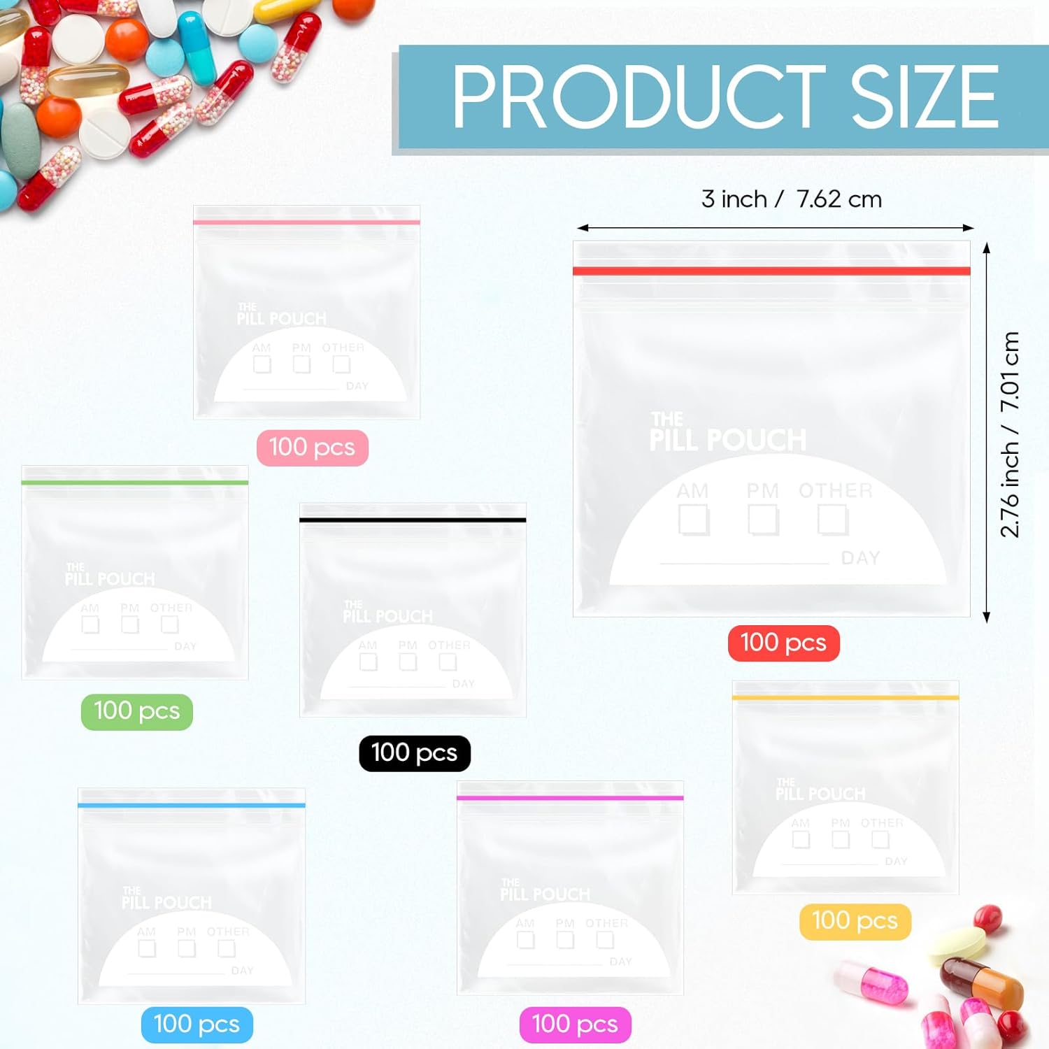 Fulmoon 350 Pcs Bulk Pill Pouch Bags Disposable 7 Colors Zipper Pills Bag Daily Travel Medicine Organizer Storage Pouches Clear Reusable for Small Items Storage(Candy Colors) - Image 3