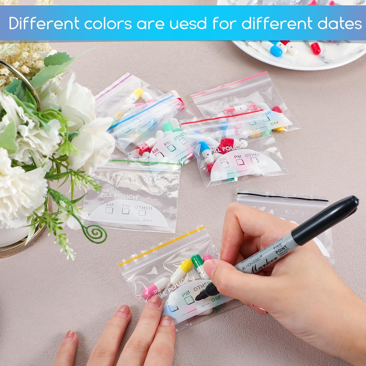 Fulmoon 350 Pcs Bulk Pill Pouch Bags Disposable 7 Colors Zipper Pills Bag Daily Travel Medicine Organizer Storage Pouches Clear Reusable for Small Items Storage(Candy Colors) - Image 7