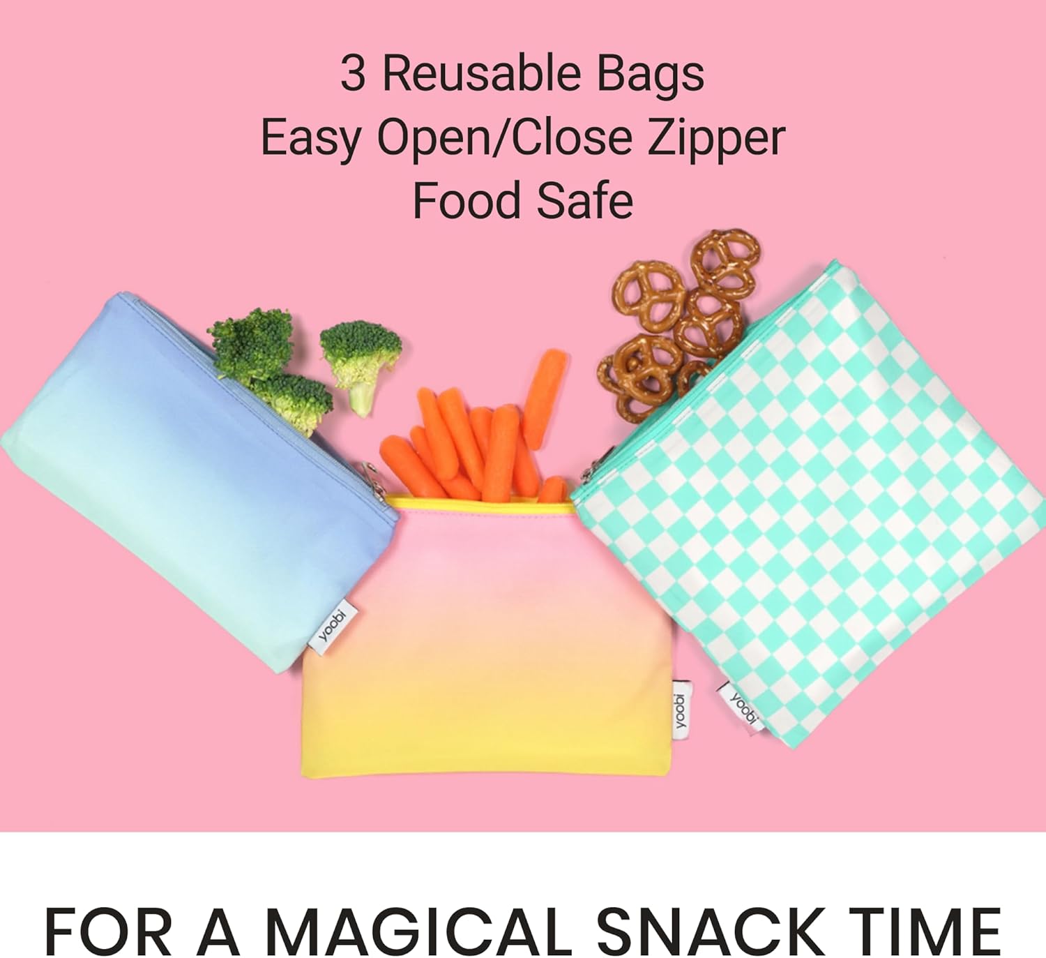 Yoobi Reusable Snack Bags – 3 Brightly Colored Food-Safe Lunch Bags in Various Sizes – Fun for Kids & Adults - Image 3