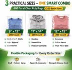 600 Count Combo Pack Clear Poly Bags (9x12, 11x14, 12x15) with Suffocation Warning – Self-Seal Adhesive, Transparent Storage & Shipping Bags for Apparel, E-Commerce & Retail - Image 3
