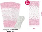 EKAPACKAGING 50Pcs 4x9.5 Inches Heart Pattern Side Gusseted Treat Bags with Ties, Clear Pink Cellophane Bags for Cookies & Pretzel Rods, Valentine's Day Goodie Bags for Small Gifts - Image 3