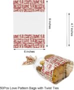 EKAPACKAGING 50Pcs 6x9 Inches Cellophane Treat Bags with Twist Ties, Love Pattern Bottom Gusseted Bags, Flat Bottom Popcorn Cookies Bags, Valentine's Day Goodie Bags for Bakery, Wedding, Classroom - Image 3