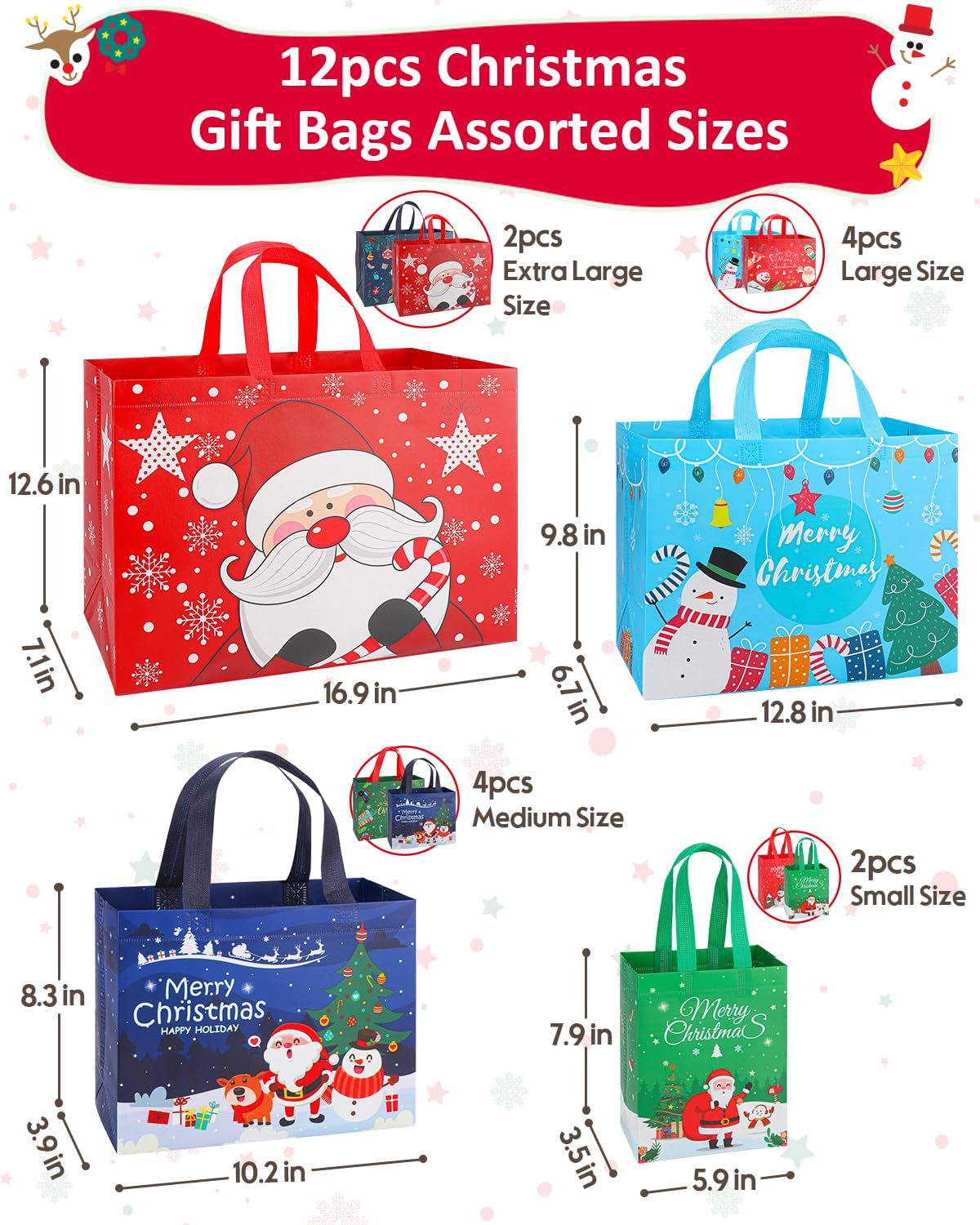 Christmas Gift Bags Assorted Sizes, Extra Large/Medium/Small 12PC Christmas Tote Bags with Handles, Heavy Duty Non-Woven Christmas Shopping Bags, Party Favor Bags, Large Holiday Bags for Presents Bulk - Image 3