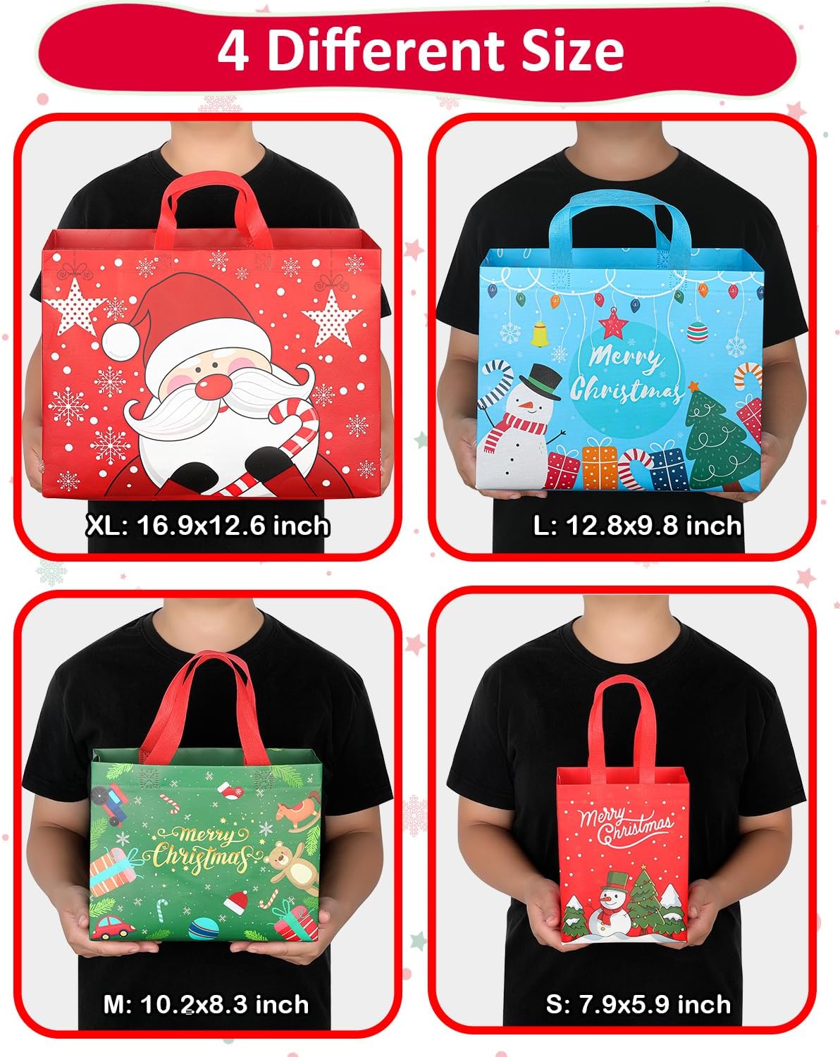 Christmas Gift Bags Assorted Sizes, Extra Large/Medium/Small 12PC Christmas Tote Bags with Handles, Heavy Duty Non-Woven Christmas Shopping Bags, Party Favor Bags, Large Holiday Bags for Presents Bulk - Image 4
