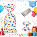 Pajean 100 Pcs Cellophane Treat Bags, Polka Dots Goodie Star Party Favor Treat Candy Bags with 100 Twist Ties Rainbow Stars Theme for Birthday Pride Day Party Supplies (Dot Style) - Image 4