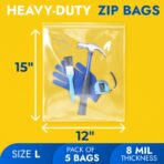 Large 12" x 15" Reclosable Poly Zip Seal Lock Bags, 8 Mil Thickness, Pack of 5 Clear Resealable Bags with Extra Durability, Waterproof Heavy-Duty - Image 3