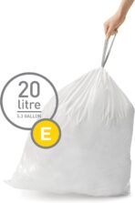 simplehuman Code E 60 Count, Dispenser Pack Custom Fit Liners, Drawstring Trash Bags, 20 Liter / 5.3 Gallon, White - Image 3