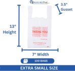 ASSUREPAK EXTRA SMALL White 'Thank You' HDPE T-Shirt Bags - 1/12 BBL Size 7"x3.5"x13" – 13 Microns – 100 Units – Thank You Shopping Bags for Retail, Takeout, Restaurant Supplies - Image 3