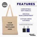DISCOUNT PROMOS Custom Cotton Canvas Tote Bags Set of 100, Personalized Bulk Pack - Reusable, Great for Shopping, Grocery, Beach, Picnic, Wedding Favors - Natural - Image 4
