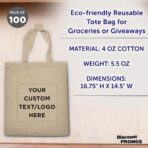 DISCOUNT PROMOS Custom Cotton Canvas Tote Bags Set of 100, Personalized Bulk Pack - Reusable, Great for Shopping, Grocery, Beach, Picnic, Wedding Favors - Natural - Image 6