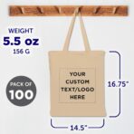 DISCOUNT PROMOS Custom Cotton Canvas Tote Bags Set of 100, Personalized Bulk Pack - Reusable, Great for Shopping, Grocery, Beach, Picnic, Wedding Favors - Natural - Image 7