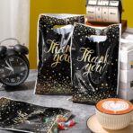 Pajean 100 Pcs Thank You Gift Bags Bulk Black and Gold Plastic Bags with Handles Black Goodie Treat Shopping Wrap for Birthday Party Favors Small Business Merchandise Graduation, 6.7" x 9.8" - Image 4